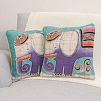 Cotton cushion covers, 'Purple Pachyderm' (pair) - Hand Crafted Cotton Cushion Covers (Pair)