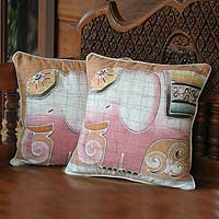 Cotton cushion covers, 'Pink Elephants' (pair) - Batik Cotton Cushion Covers (Pair)