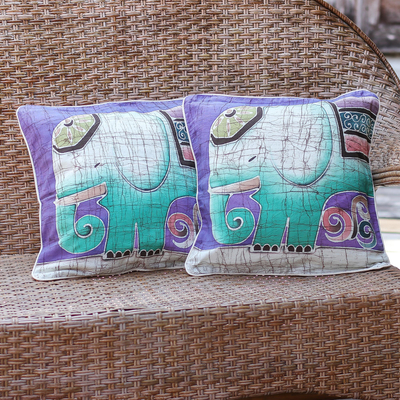 Cotton cushion covers, 'Dreamy Elephants' (pair) - Handcrafted Batik Cotton Cushion Covers (Pair)
