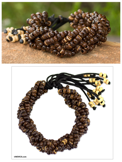 Coconut shell braided bracelet, 'Nutmeg Forest' - Thai Coconut Shell Braided Bracelet