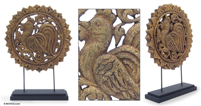 Wood sculpture, 'Golden Rooster' - Wood sculpture