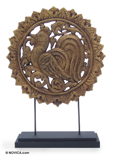 Wood sculpture, 'Golden Rooster' - Wood sculpture
