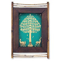 'Impression in the Tree I' - Thai Acrylic Folk Painting of the Bo Tree Framed in Teak