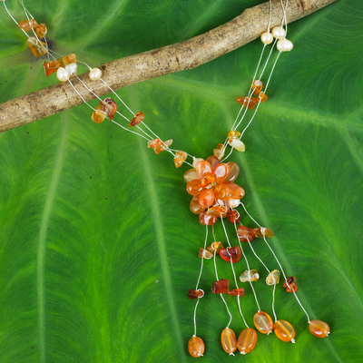 Carnelian and pearl flower necklace, 'Fantasy' - Fair Trade Floral Carnelian Y Necklace