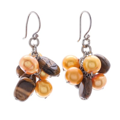 Tiger's eye and pearl earrings, 'Treasure' - Tiger's Eye and Pearl Cluster Earrings