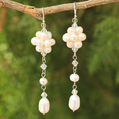 Pearl dangle earrings, 'Offer of Grace' - Bridal Sterling Silver and Pearl Dangle Earrings