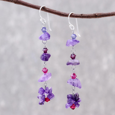 Amethyst dangle earrings, 'Colorful Waterfall' - Beaded Amethyst Dangle Earrings