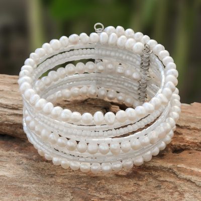 Pearl wrap bracelet, 'Tantalizing White' - Unique Thai Pearl Wristband Bracelet
