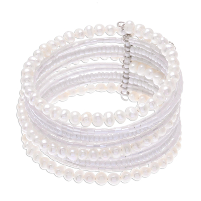 Pearl wrap bracelet, 'Tantalizing White' - Unique Thai Pearl Wristband Bracelet