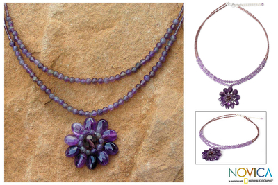 Amethyst flower necklace, 'Chrysanthemum' - Floral Amethyst Necklace from Thailand