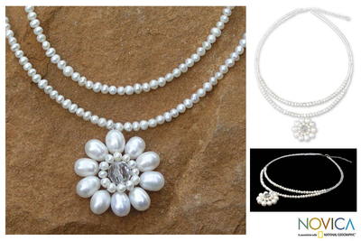 Pearl flower necklace, 'White Chrysanthemum' - Pearl flower necklace