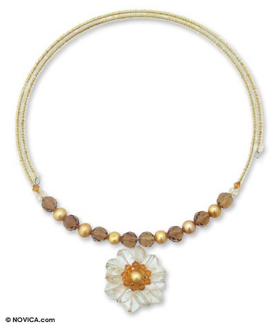 Pearl and citrine flower necklace, 'Oriental Bloom' - Pearl and citrine flower necklace