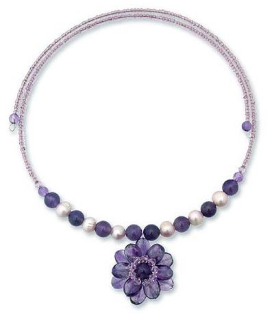 Pearl and amethyst flower necklace, 'Oriental Bloom' - Handmade Pearl and Amethyst Flower Necklace