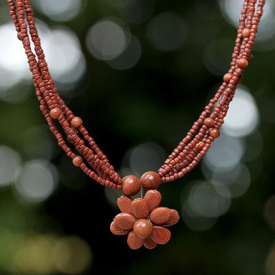 Beaded flower necklace, 'Cinnamon Paradise Flower' - Hand Made Beaded Pendant Necklace