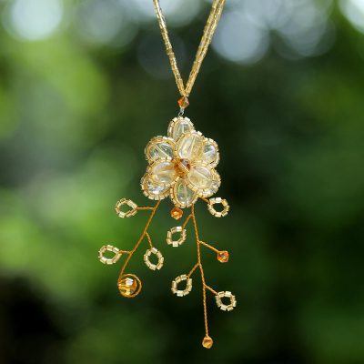 Citrine flower necklace, 'Camellia' - Hand Crafted Floral Citrine Necklace