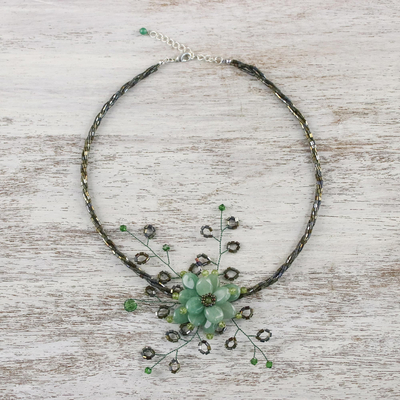 Peridot flower necklace, 'Elusive Blossom' - Handcrafted Floral Beaded Quartz Necklace