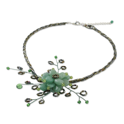 Peridot flower necklace, 'Elusive Blossom' - Handcrafted Floral Beaded Quartz Necklace