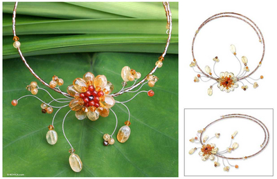 Carnelian and citrine flower necklace, 'Orange Bloom' - Unique Floral Citrine Beaded Necklace