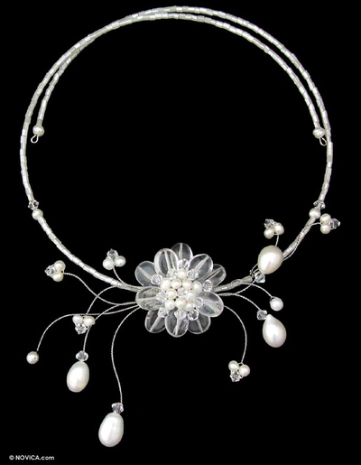 Pearl and quartz flower necklace, 'Iridescent Bloom' - Pearl and Quartz Bridal Choker