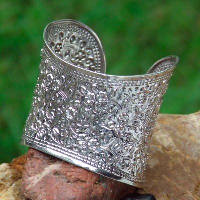Sterling silver cuff bracelet, 'Lanna Princess' - Handcrafted Floral Sterling Silver Cuff Bracelet