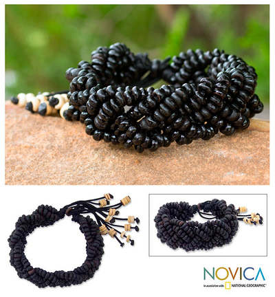 Coconut shell braided bracelet, 'Black Forest' - Coconut shell braided bracelet
