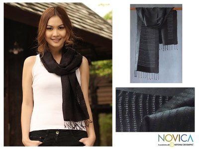 Silk scarf, 'Black Lattice' - Silk scarf