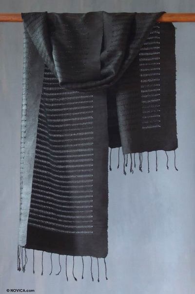Silk scarf, 'Black Lattice' - Silk scarf