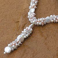 Pearl and rose quartz pendant necklace, 'Clusters' - Pearl and rose quartz pendant necklace
