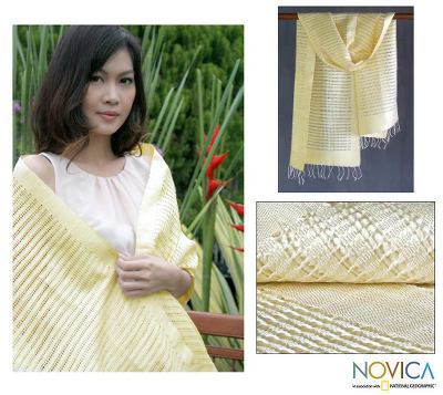 Silk shawl, 'Vanilla Supreme' - Silk Patterned Shawl Hand Woven Wrap