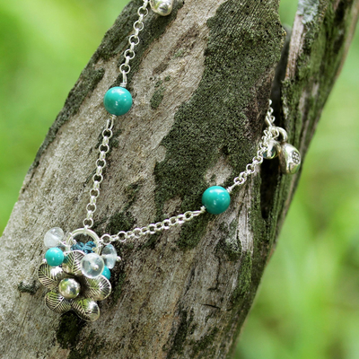 Sterling silver flower necklace, 'Spring Blossom' - Floral Sterling Silver and Turquoise Necklace