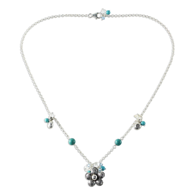 Sterling silver flower necklace, 'Spring Blossom' - Floral Sterling Silver and Turquoise Necklace