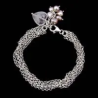 Pearl and rose quartz wristband bracelet, 'Field of Love' - Sterling Silver Chain Bracelet with Heart Charm