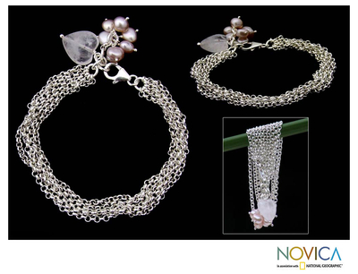 Armband aus Perlen und Rosenquarz - Kettenarmband aus Sterlingsilber mit Herzanhänger
