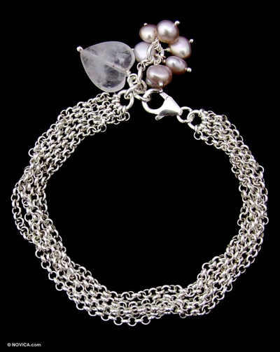 Pearl and rose quartz wristband bracelet, 'Field of Love' - Sterling Silver Chain Bracelet with Heart Charm