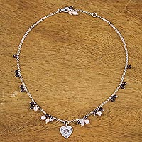 Pearl and rose quartz choker, 'Promise of Love' - Handcrafted Heart Shaped Sterling Silver Necklace