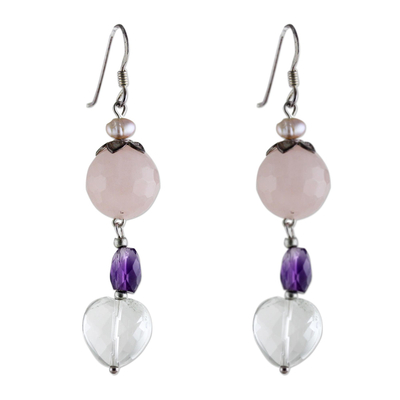 Pearl and rose quartz dangle earrings, 'Mystical Romance' - Pearl and rose quartz dangle earrings