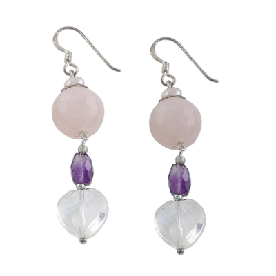Pendientes colgantes de perlas y cuarzo rosa - Pendientes colgantes de perlas y cuarzo rosa
