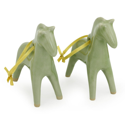 Celadon ceramic ornaments, 'A Season for Horses' (pair) - Unique Celadon Ceramic Christmas Ornaments (Pair)