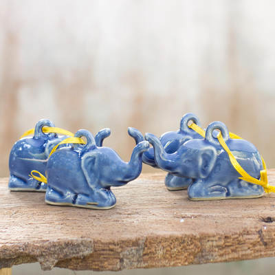 Celadon ceramic ornaments, 'Blue Holiday Elephants' (set of 4) - Celadon ceramic ornaments (Set of 4)