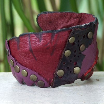 Leather cuff bracelet, 'Violet Rose' - Hand Made Leather Cuff Bracelet