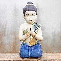 Celadon ceramic statuette, 'Thai Sawasdee Girl' - Unique Celadon Ceramic Sculpture