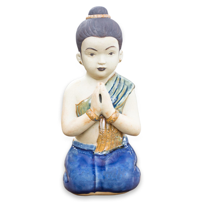 Celadon ceramic statuette, 'Thai Sawasdee Girl' - Unique Celadon Ceramic Sculpture