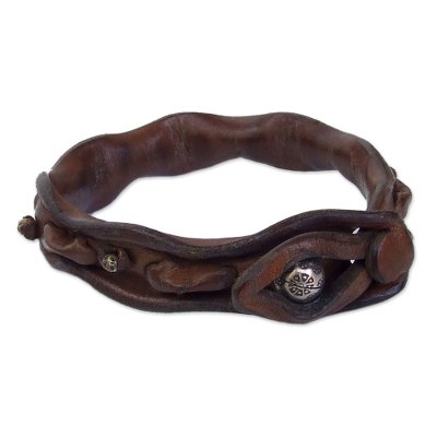 Leather wristband bracelet, 'Floating Flowers' - Leather wristband bracelet