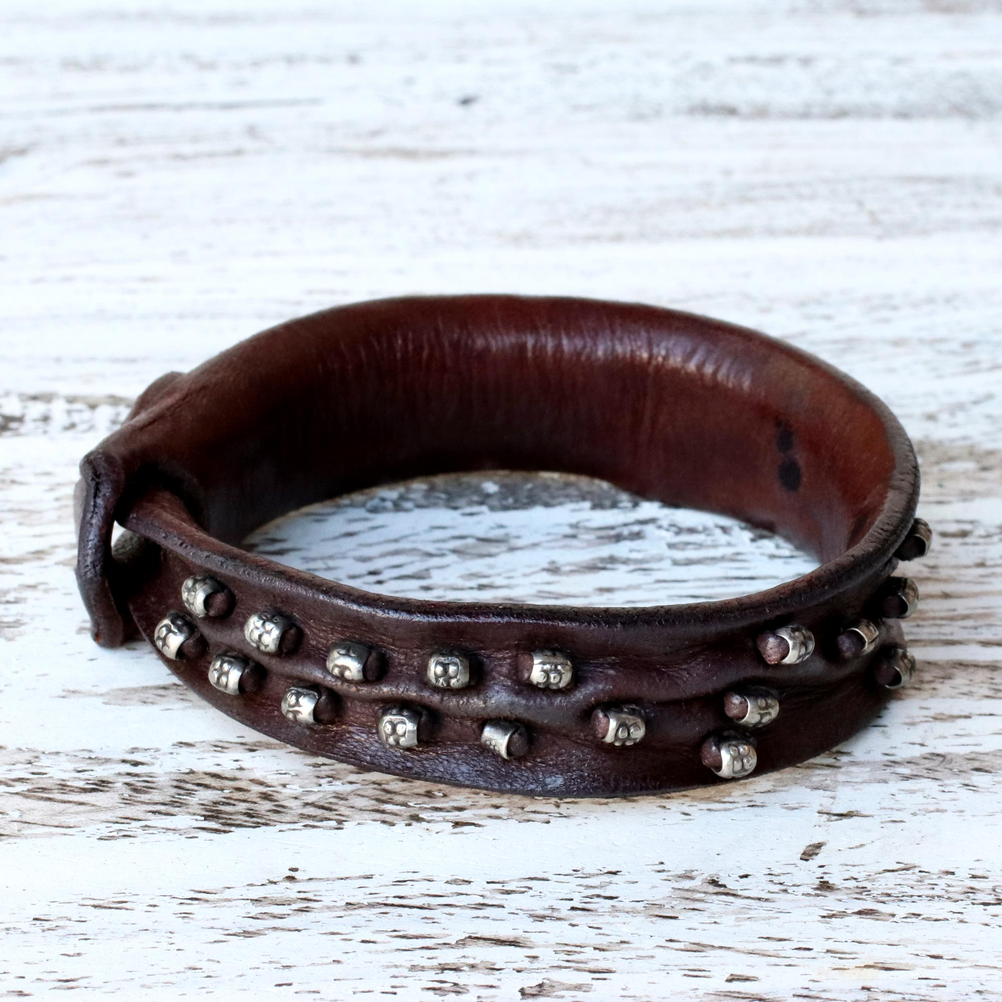 Mountain Rock' 7.5 NOVICA Leather Wristband Bracelet with .925 Sterling Silver Accents and Clasp