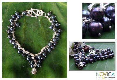 Pearl charm bracelet, 'Blue Moon Rose' - Hand Crafted Sterling Silver and Pearl Bracelet
