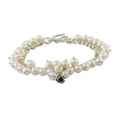 Pearl floral bracelet, 'White Moon Rose' - Artisan Crafted Pearl Bracelet