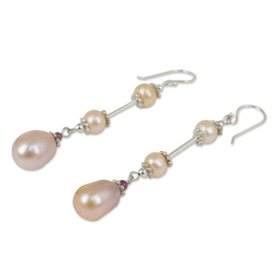 Pearl dangle earrings, 'Pink Lotus' - Handmade Bridal Sterling Silver and Pearl Earrings