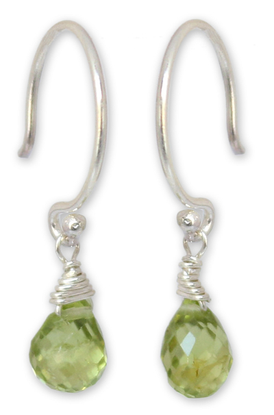 Peridot dangle earrings, 'Sparkling Dewdrop' - Silver and Peridot Dangle Earrings