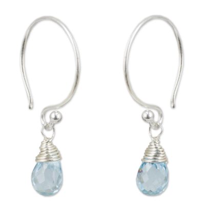 Blue topaz dangle earrings, 'Sparkling Dewdrop' - Thai Sterling Silver and Blue Topaz Dangle Earrings