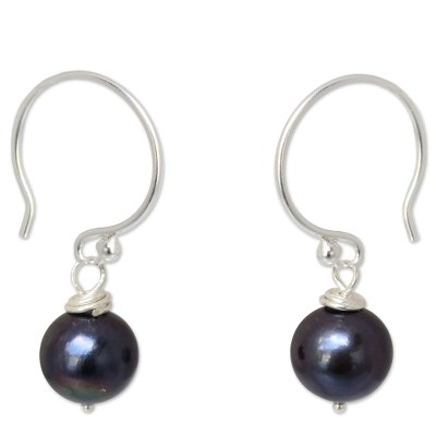 Pearl dangle earrings, 'Night Queen' - Sterling Silver and Pearl Dangle Earrings from Thailand